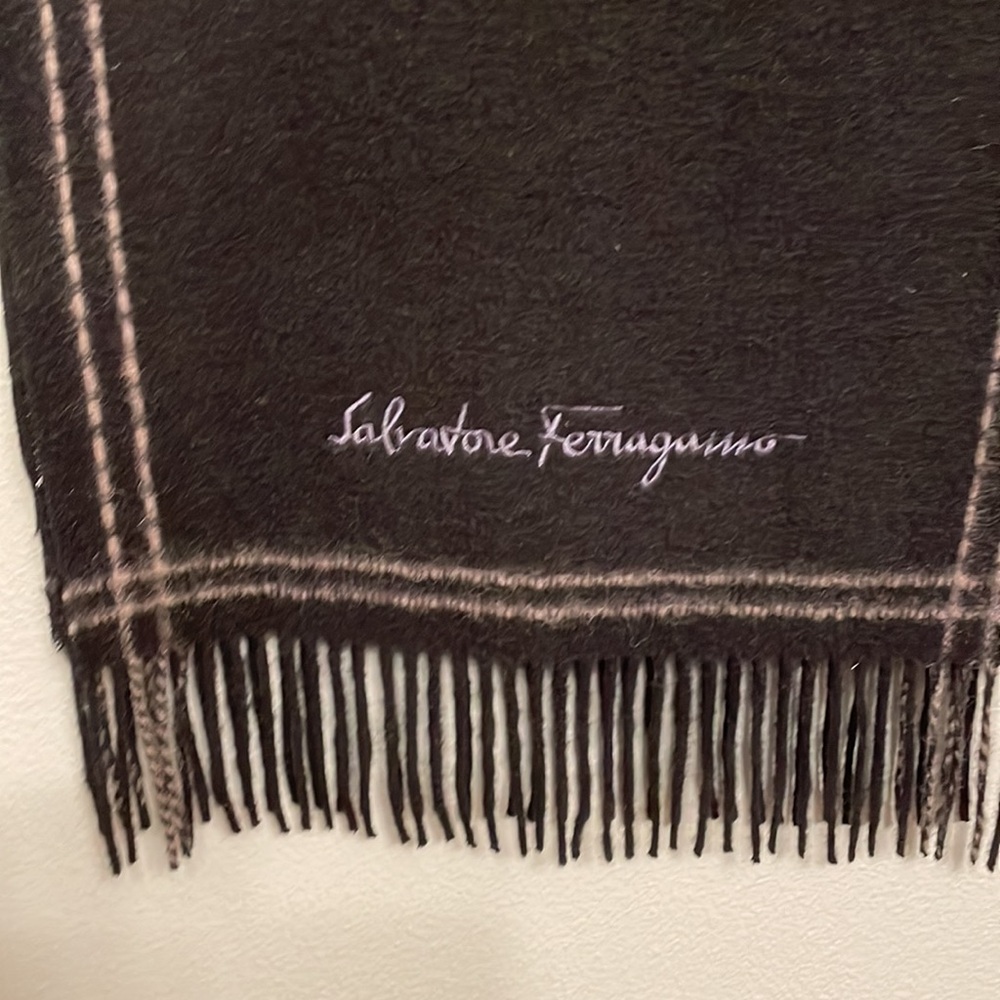 Salvatore Ferragamo Black and Gray Wool Fringe Scarf